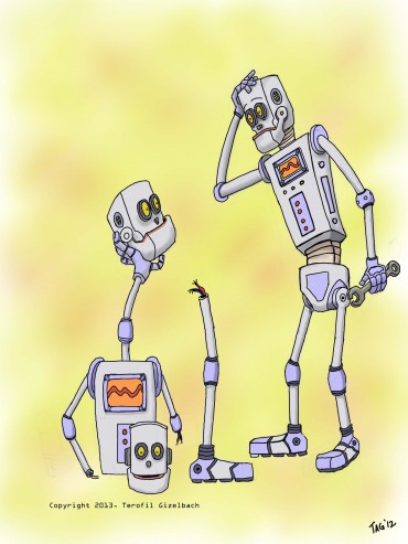 A kids poem illustration for "Eleven from Eight Equals One Robot."